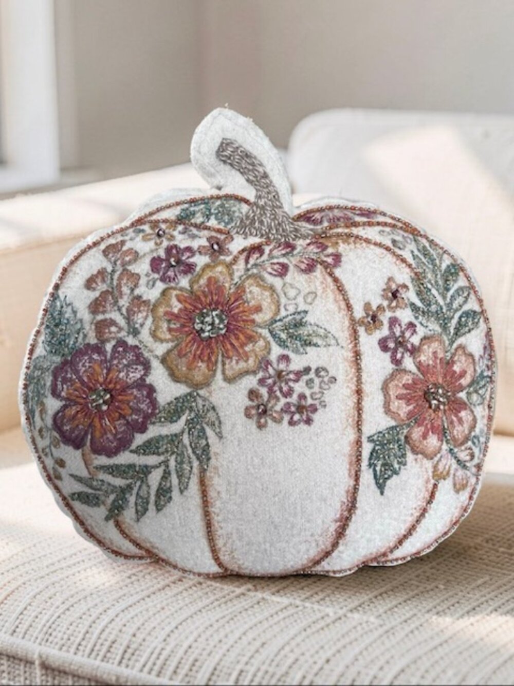 Vintage Embroidered and Beaded Pumpkin Throw Pillow / Fall / Thanksgiving Decor